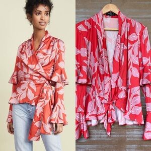 Patbo Leaf Print Wrap Top Hot Pink Preppy Boho Vacation Tropical Womens M